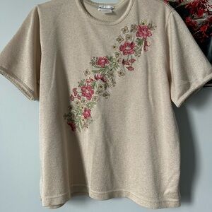 Floral Embroidered Beige T-Shirt